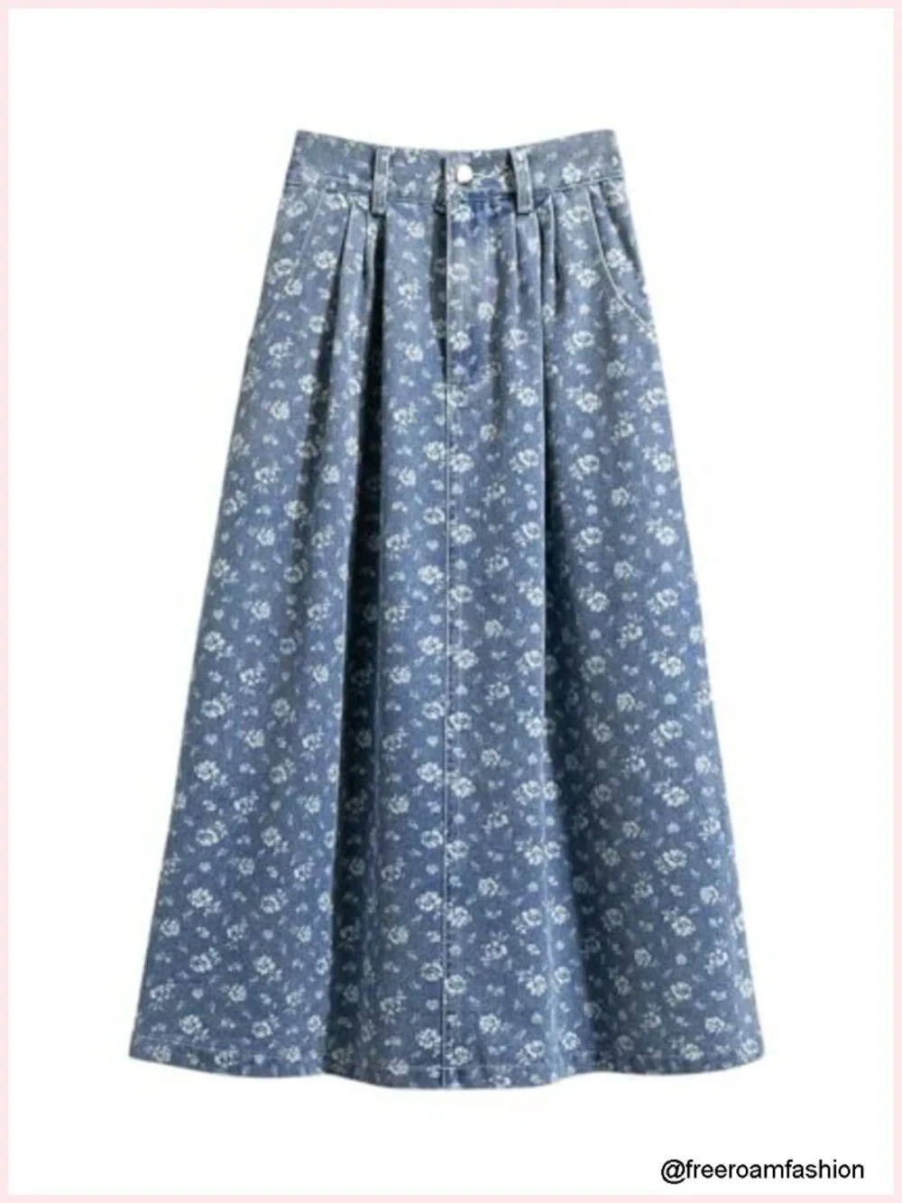 Vintage Floral Print Denim Skirt High Elastic Waist A-Line Midi Long with